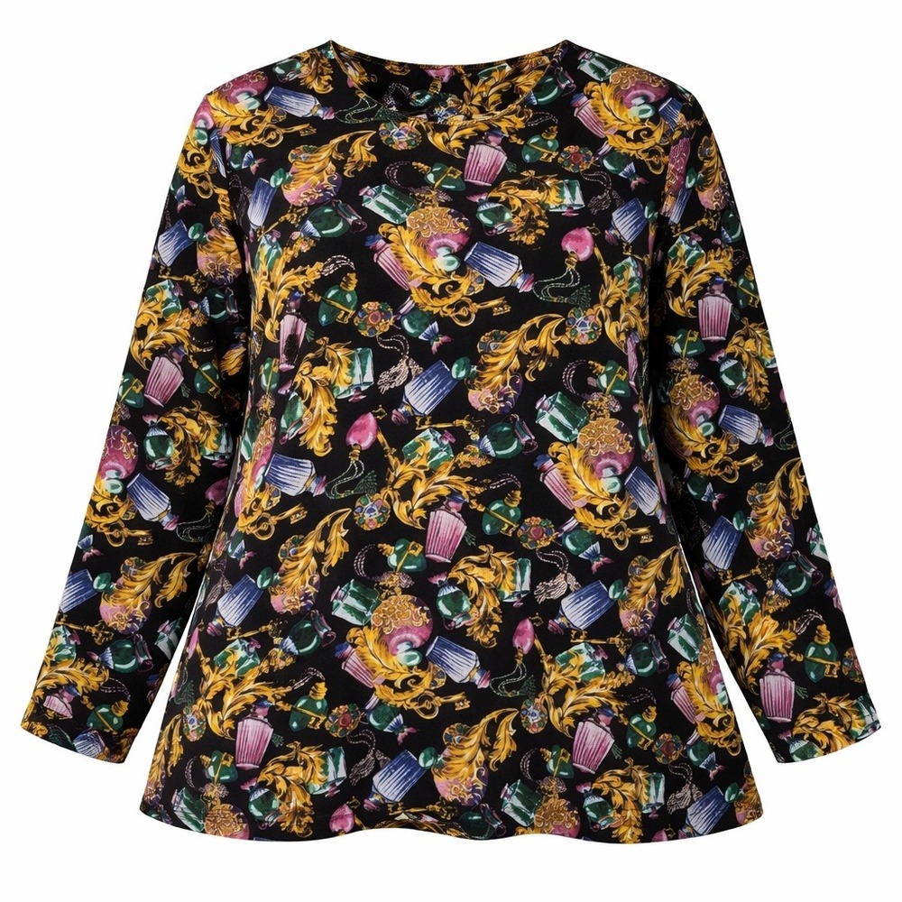 Vintage 1980s Blouse Perfume Bottles Gems Novelty Print Black Jewel Tone Size 16